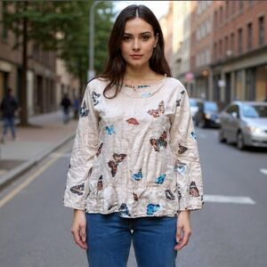 M🍀Francesca Bettini 100% linen Butterfly Print Blouse Top